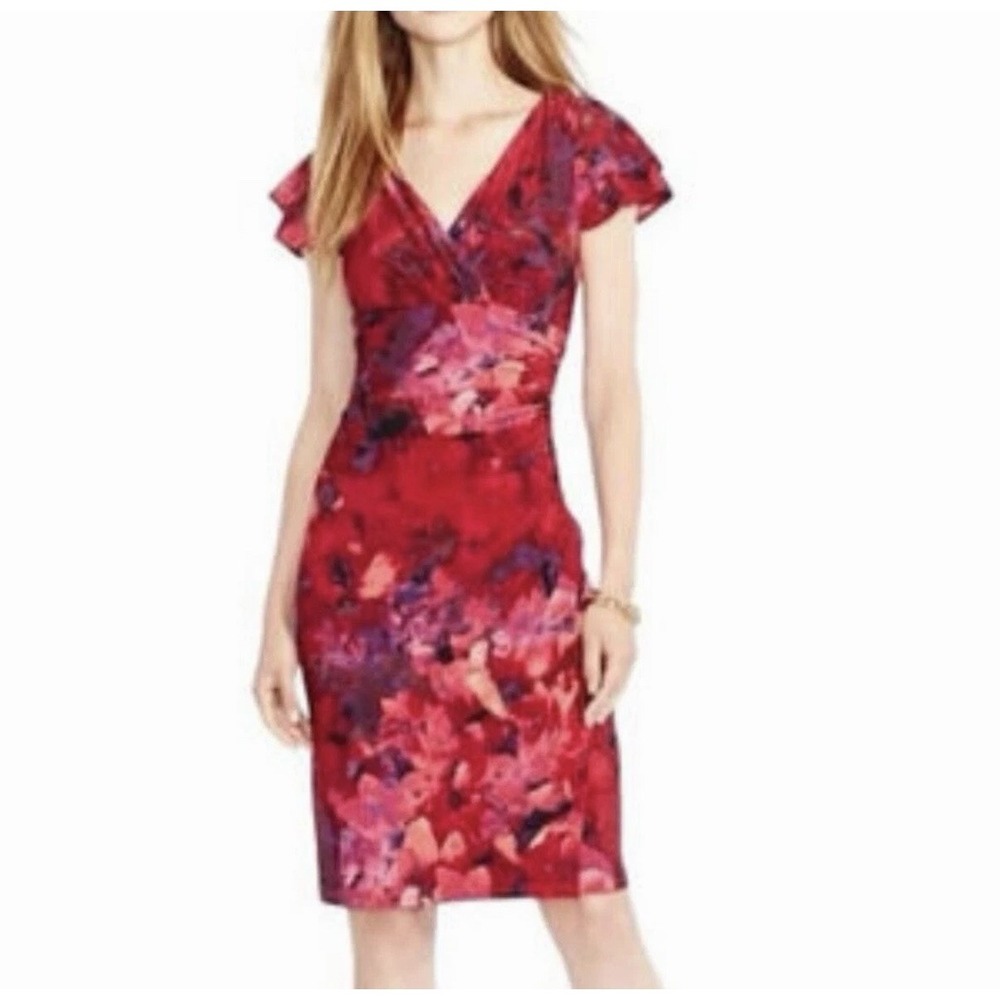 Lauren Ralph Sheath Dress Red Floral Women Size 10 Ruched Ruffle Sleeves Stretch